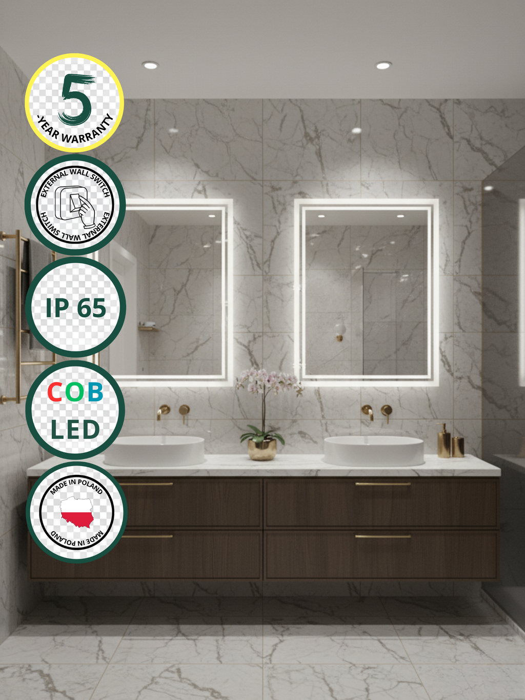Capricornus LED mirror with wall switch - rectangular, COB LED lighting, IP65, 21 sizes for bathroom & interiors
