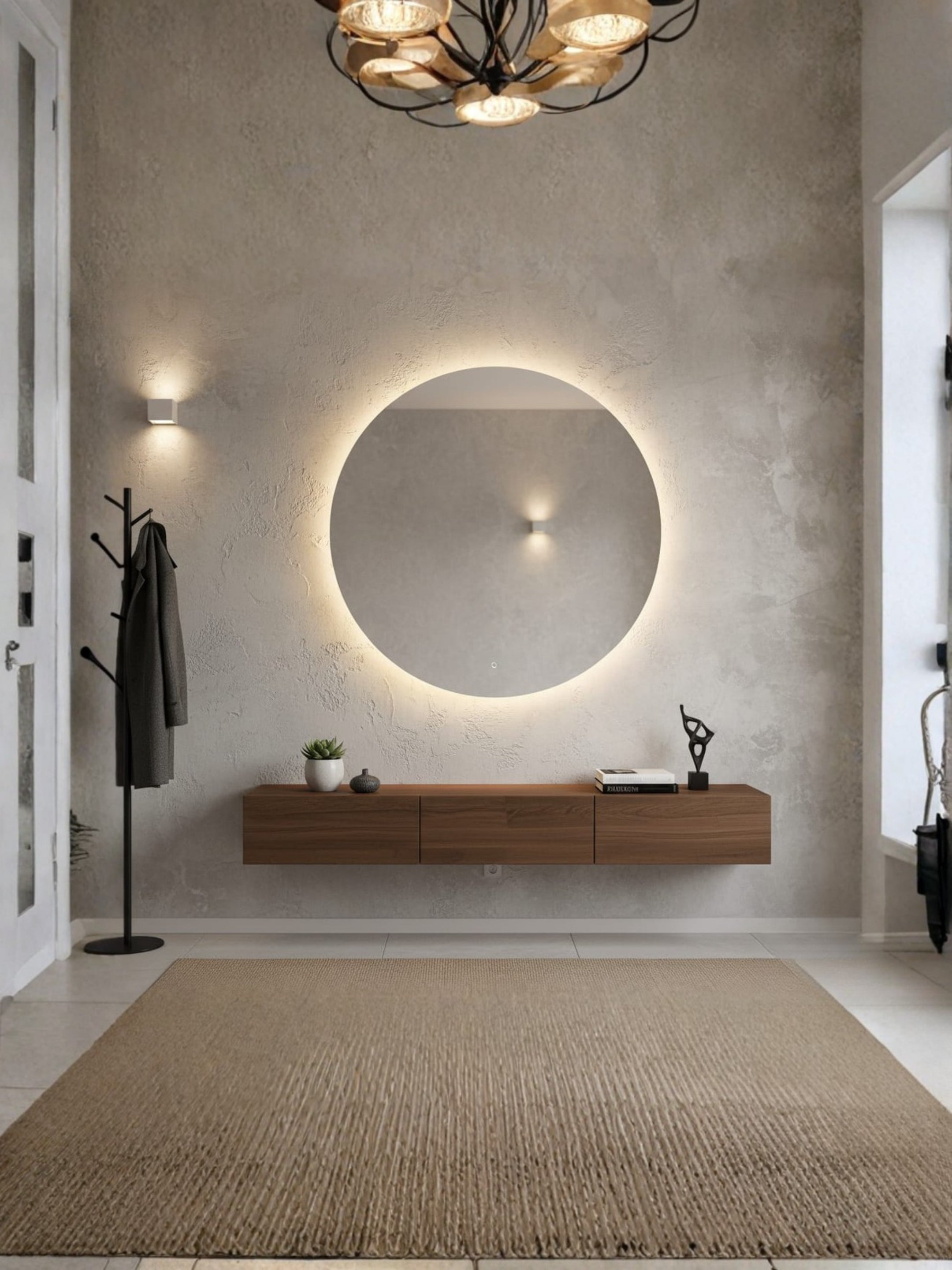 LED mirror Horizon round with illuminated edge, adjustable light, stylish accent for corridor or living space