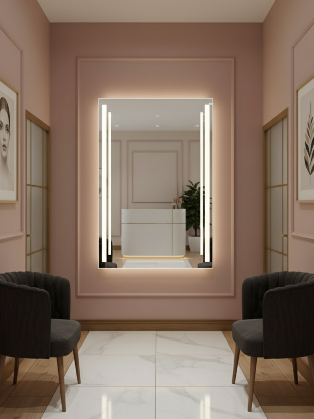 Close-up of LED mirror Susanna, wall switch control, slim frame, high-quality Polish craftsmanship finish