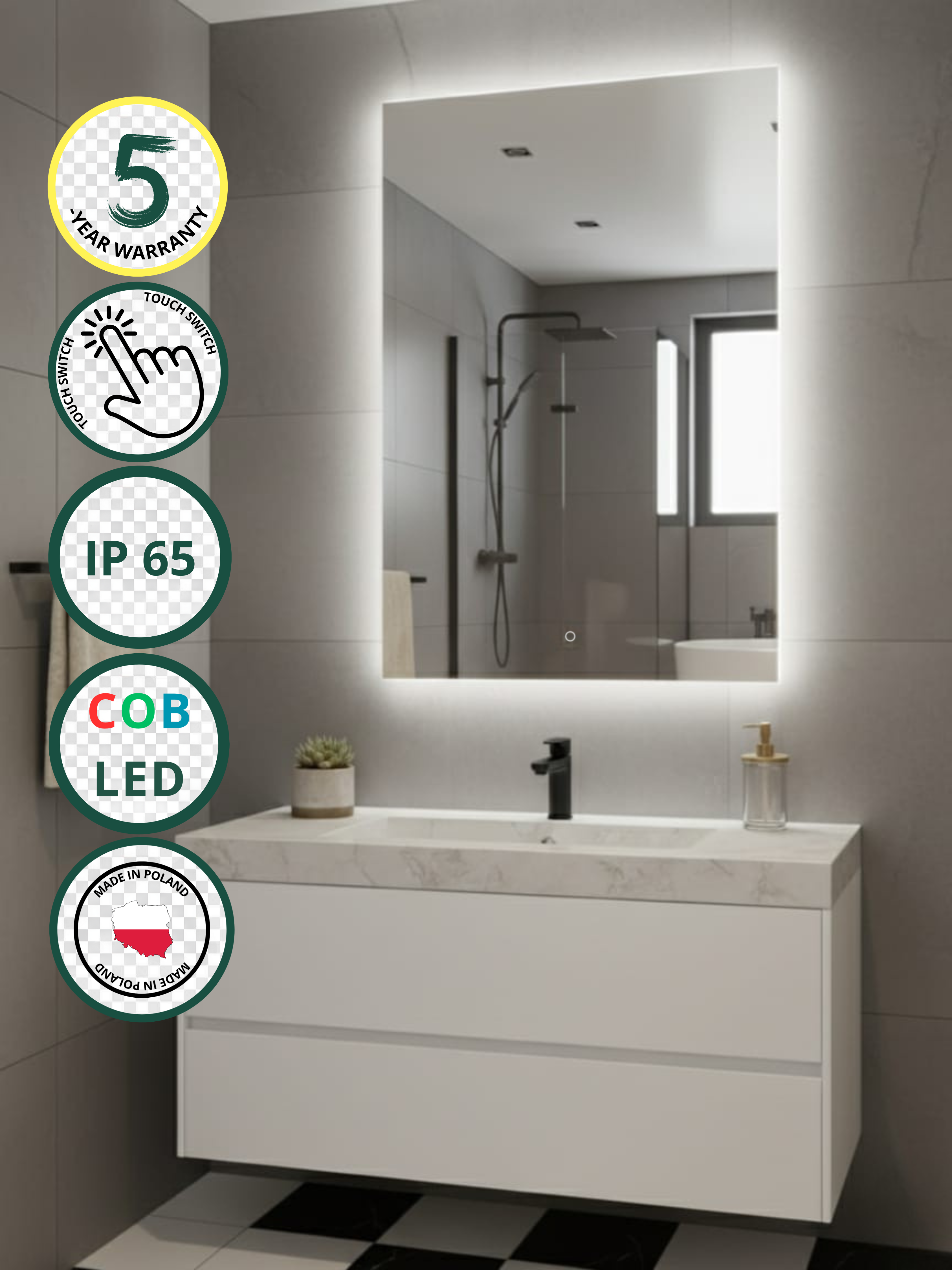 Horizon LED mirror with touch switch - rectangular, COB LED lighting, IP65 waterproof, 21 sizes for bathroom & home
