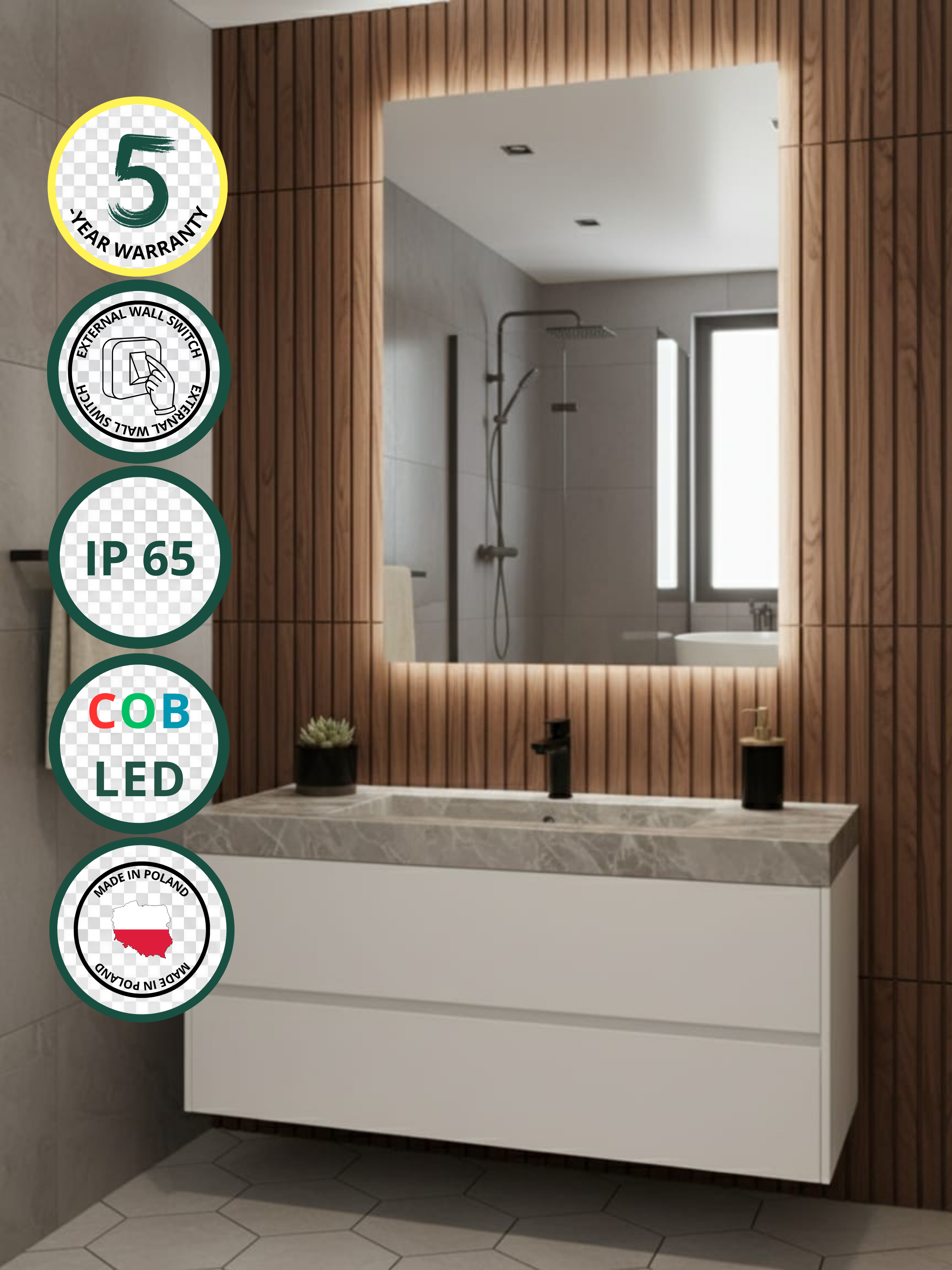 Horizon LED mirror with wall switch - rectangular, COB LED lighting, IP65, 21 sizes for bathroom & interiors

