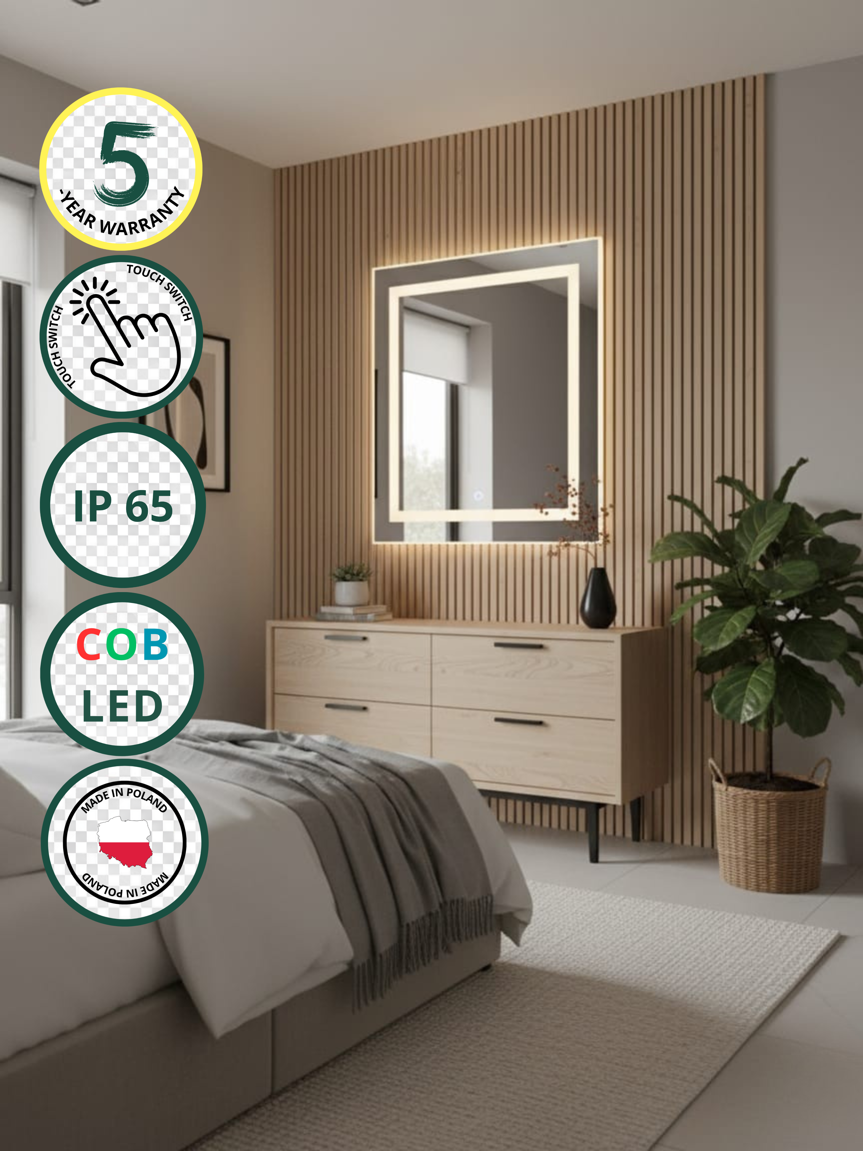 La Luna LED mirror with touch switch - rectangular, COB LED lighting, IP65, 21 sizes for bathroom & interiors
