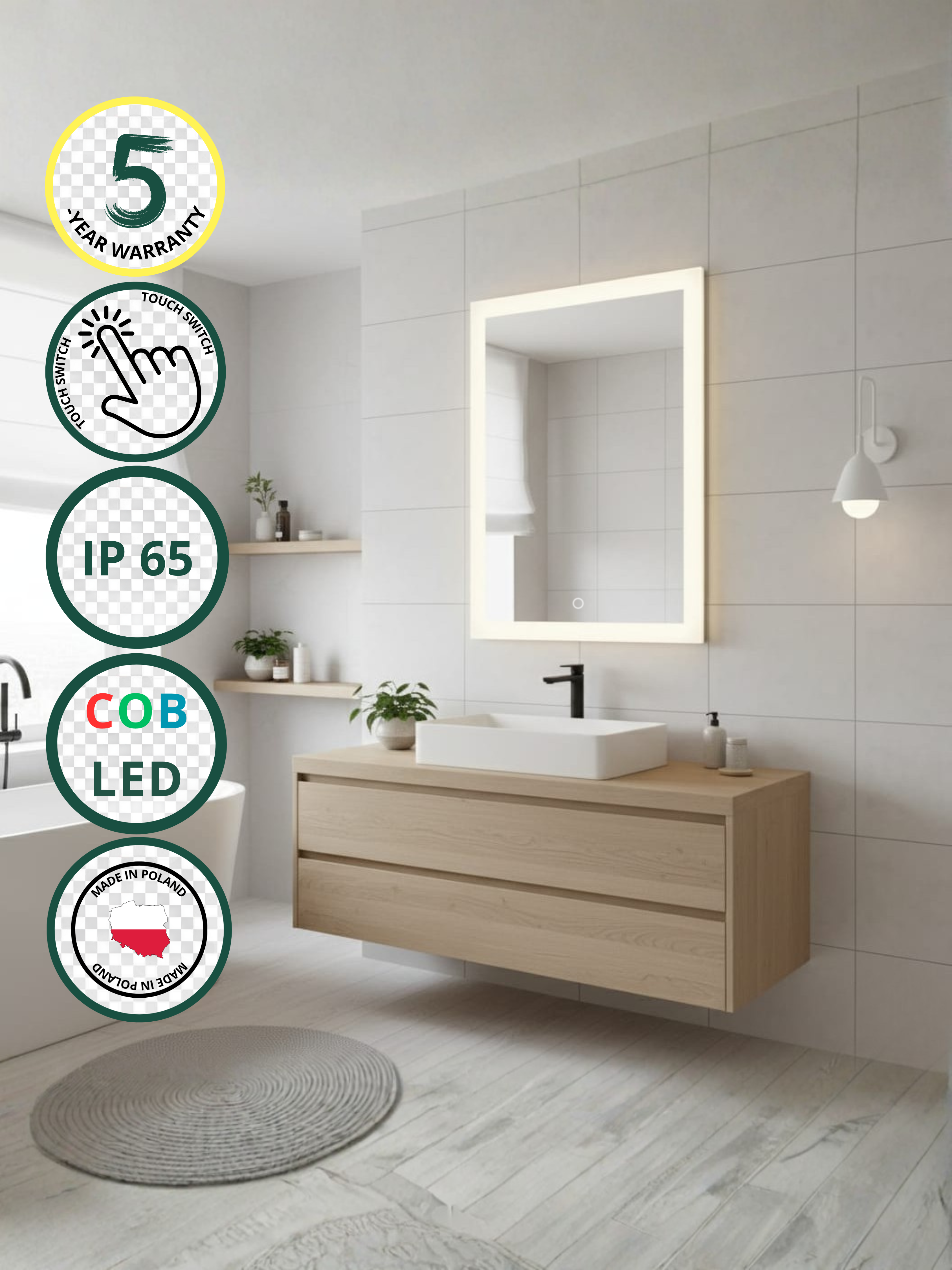 Lena LED mirror with touch switch - rectangular, COB LED lighting, IP65, 21 sizes for bathroom & interiors
