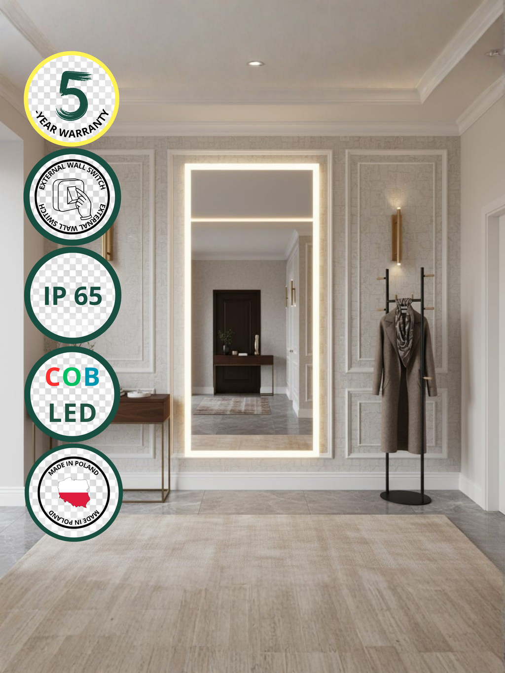 Lena LED mirror with wall switch - rectangular, COB LED lighting, IP65 waterproof, 30 sizes for bathroom & home
