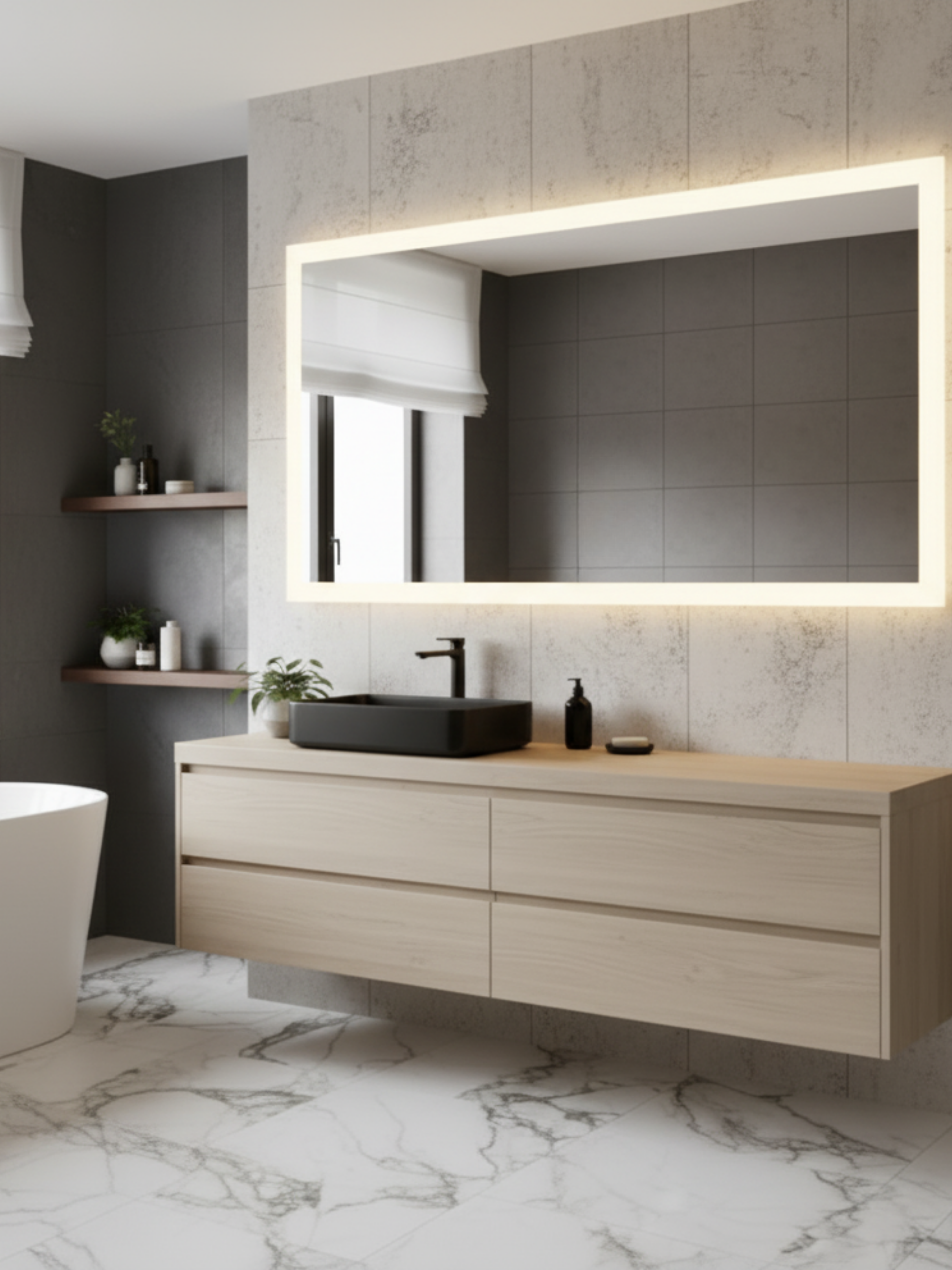 Lena LED mirror technical specs - 30 size dimensions chart, electrical parameters, IP65, 5-year warranty
