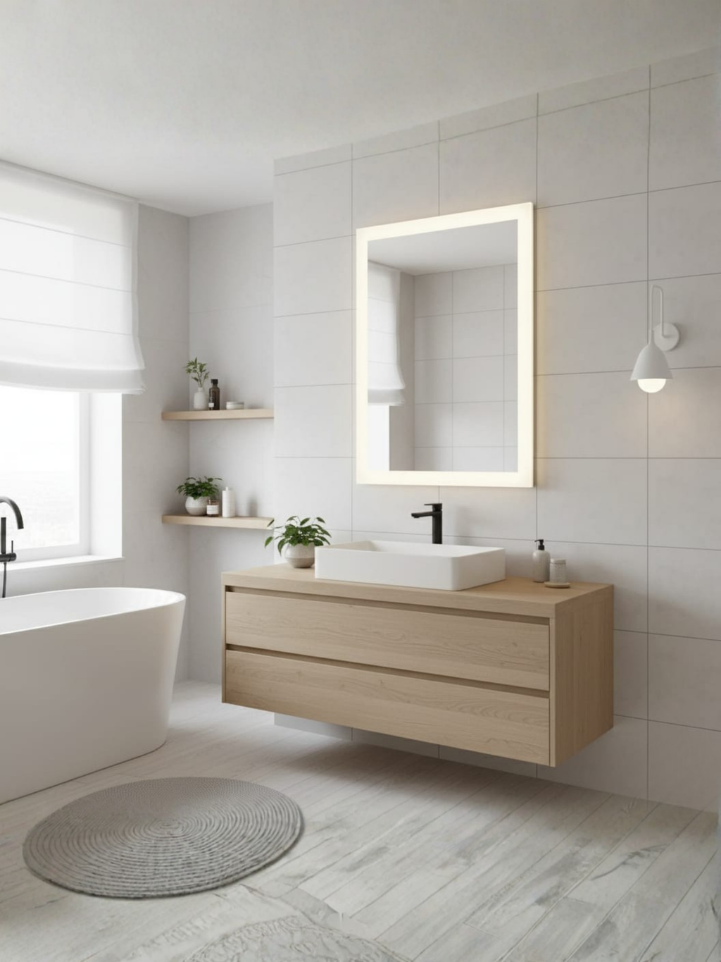 Lena LED mirror technical specs - dimensions chart, electrical parameters, IP65 certification, 5-year warranty
