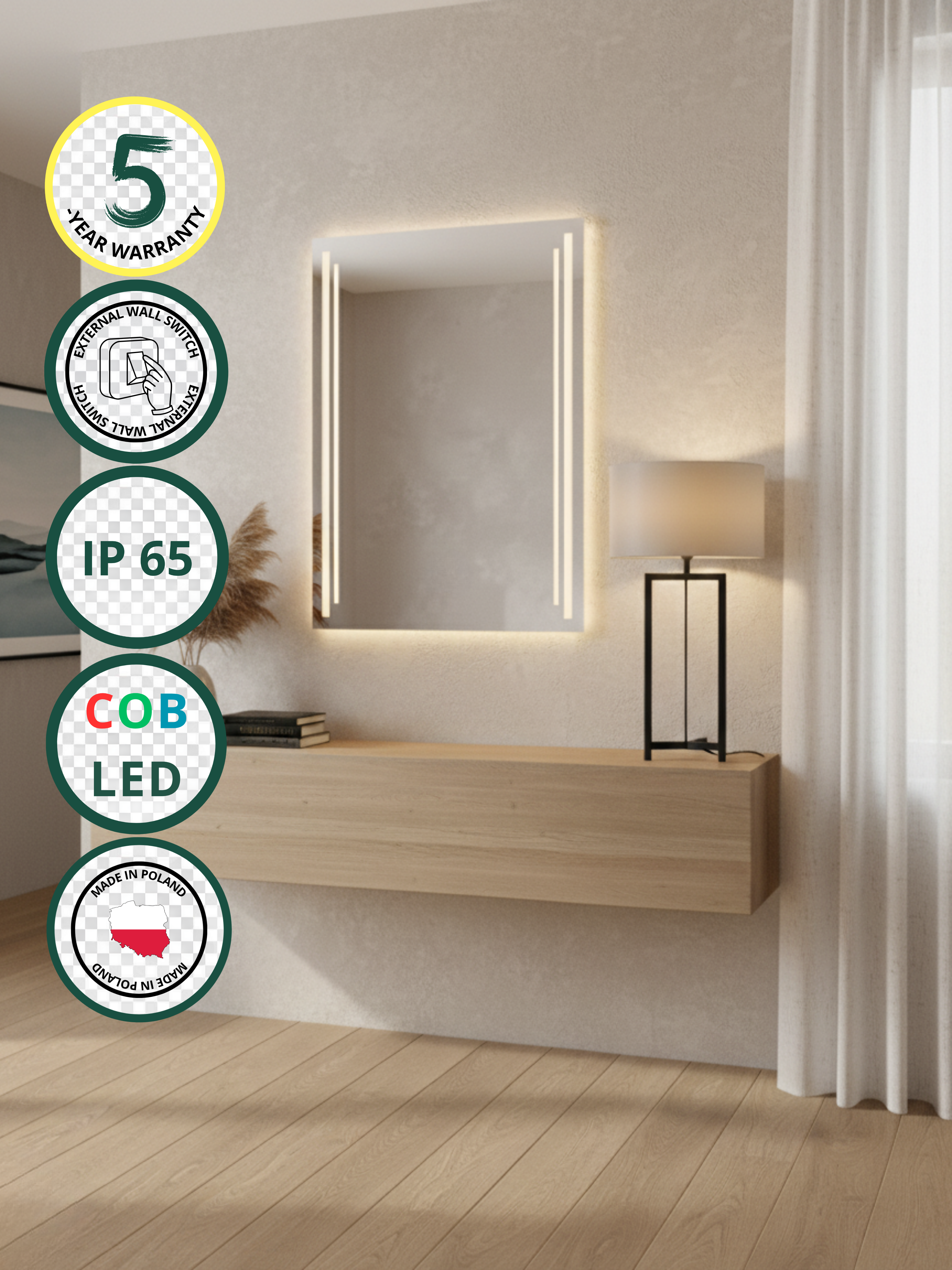 Susanna LED mirror with wall switch - rectangular, COB LED lighting, IP65, 21 sizes for bathroom & interiors
