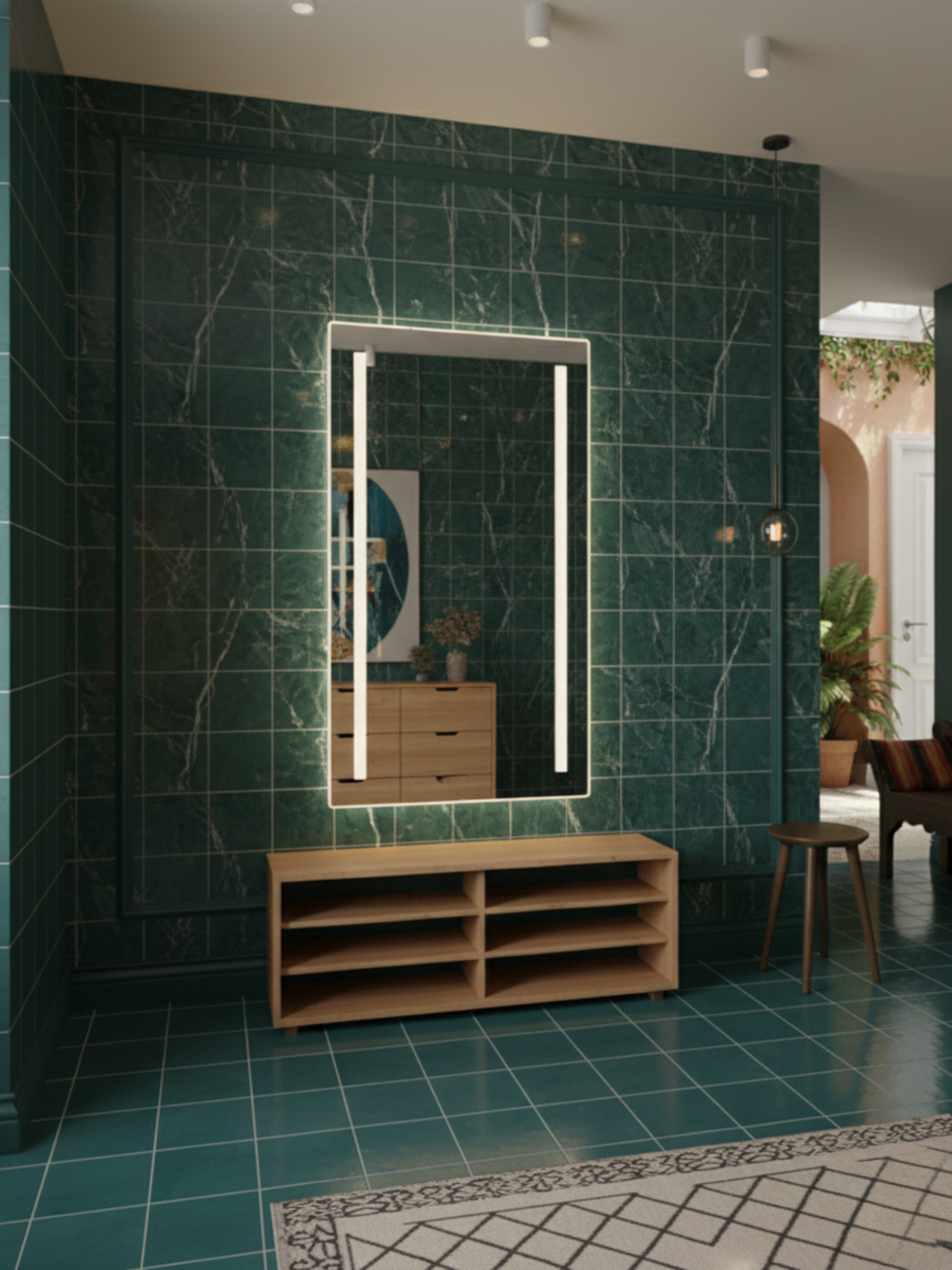 Venus LED mirror side profile - wall mounting system, IP65 waterproof housing, compact rectangular design
