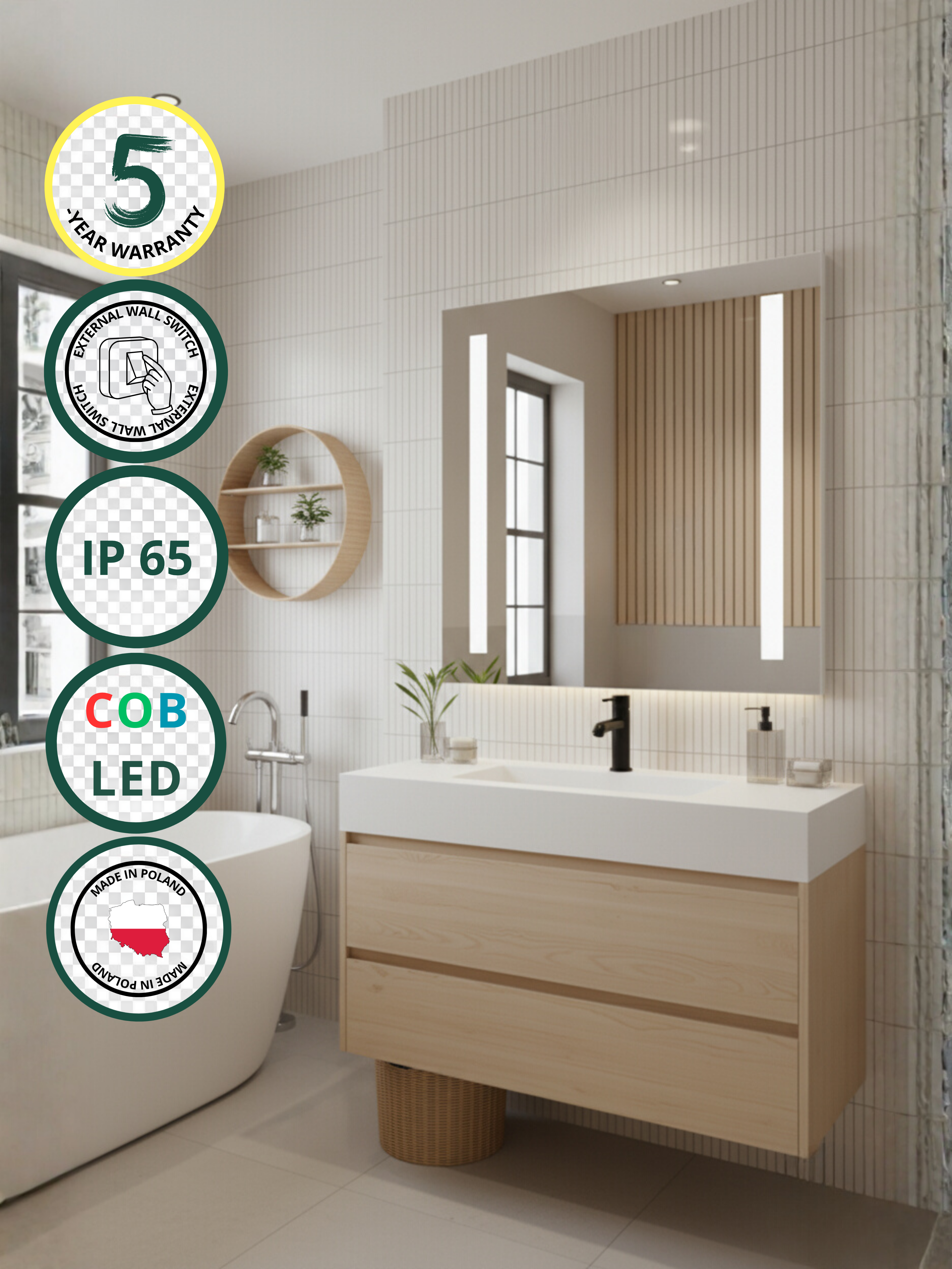 Venus LED mirror with wall switch - rectangular, COB LED lighting, IP65 waterproof, 21 sizes for bathroom & home
