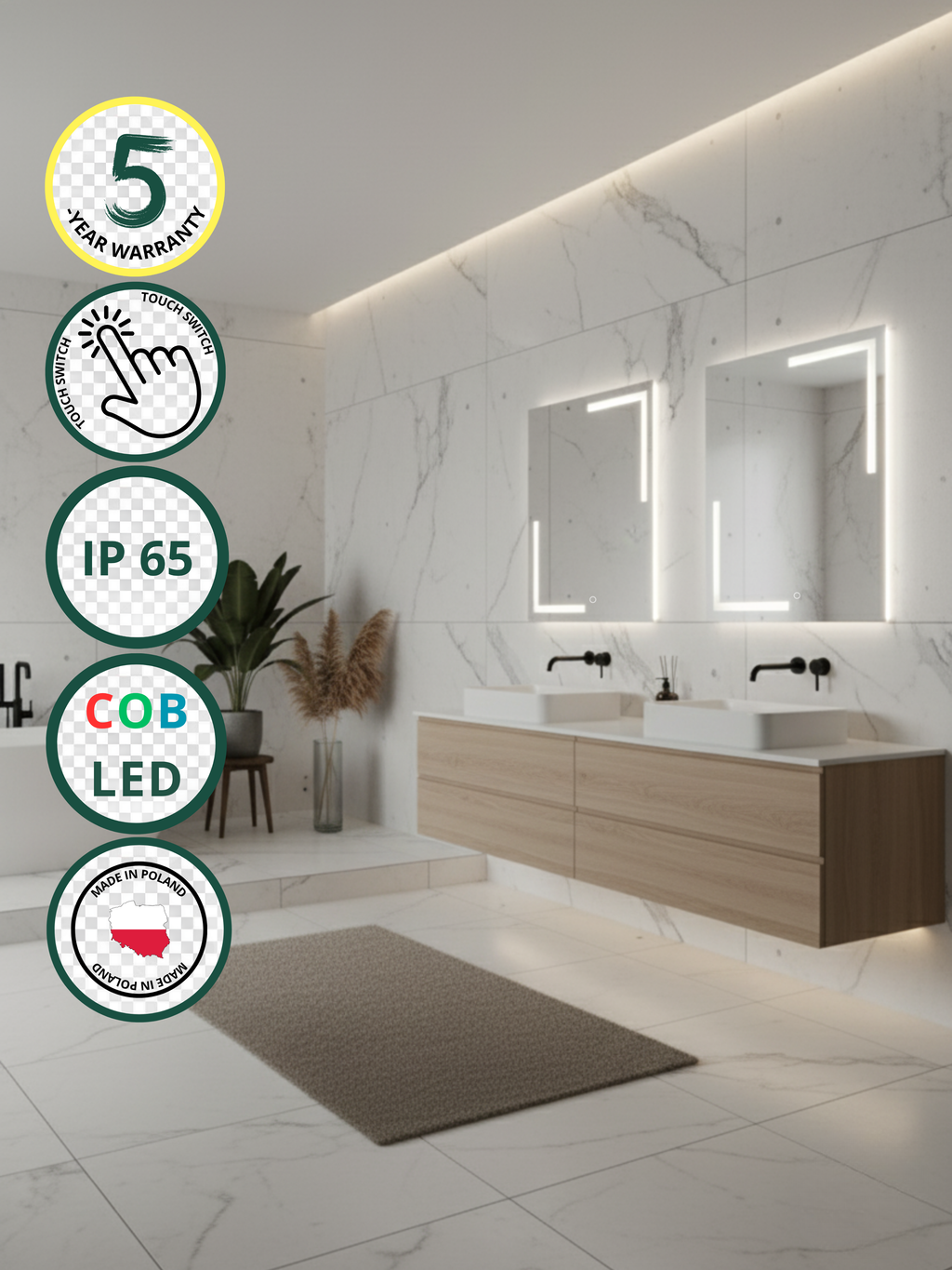 Via Lactea LED mirror with touch switch - rectangular, COB LED lighting, IP65, 21 sizes for bathroom & interiors
