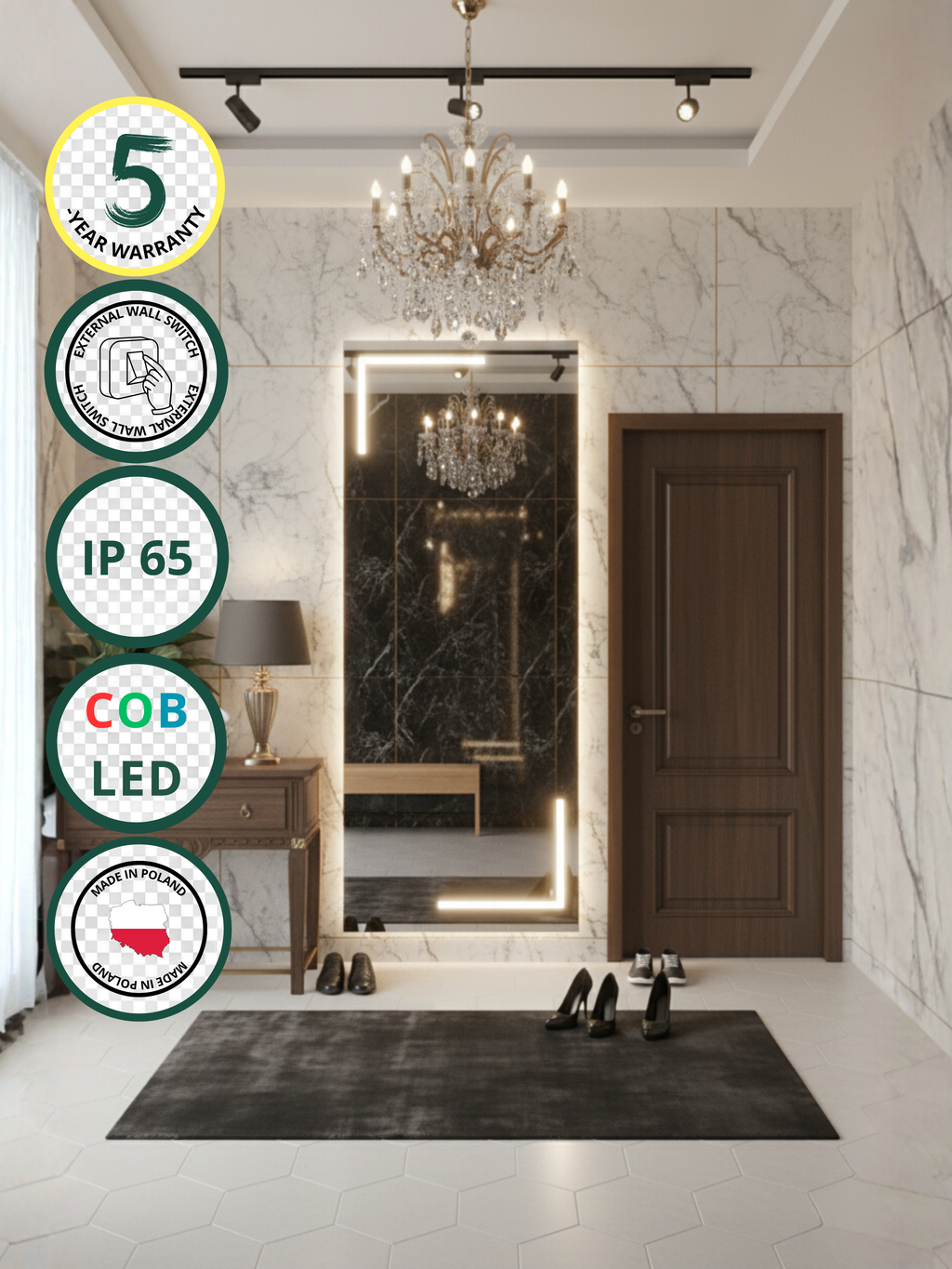 Via Lactea LED mirror with wall switch - rectangular, COB LED lighting, IP65, 30 sizes for bathroom & interiors
