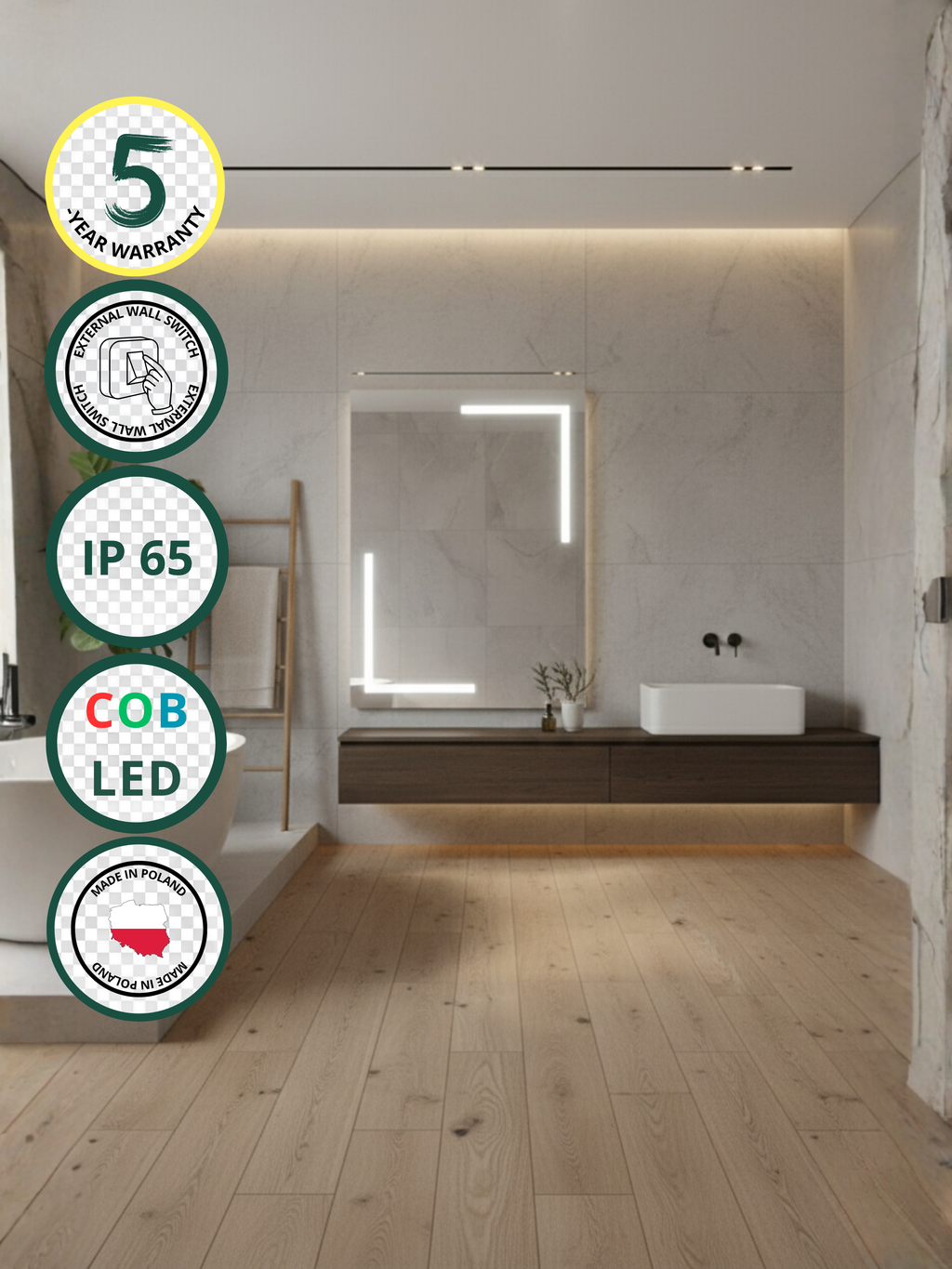 Via Lactea LED mirror with wall switch - rectangular, COB LED lighting, IP65, 21 sizes for bathroom & interiors
