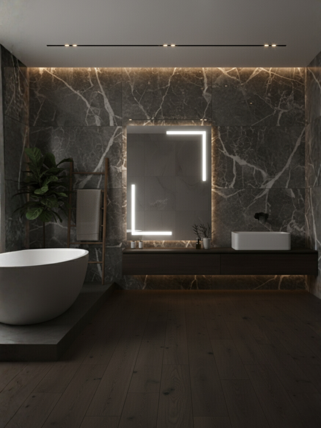 Via Lactea LED mirror technical specs - dimensions chart, electrical parameters, IP65 certification, 5-year warranty
