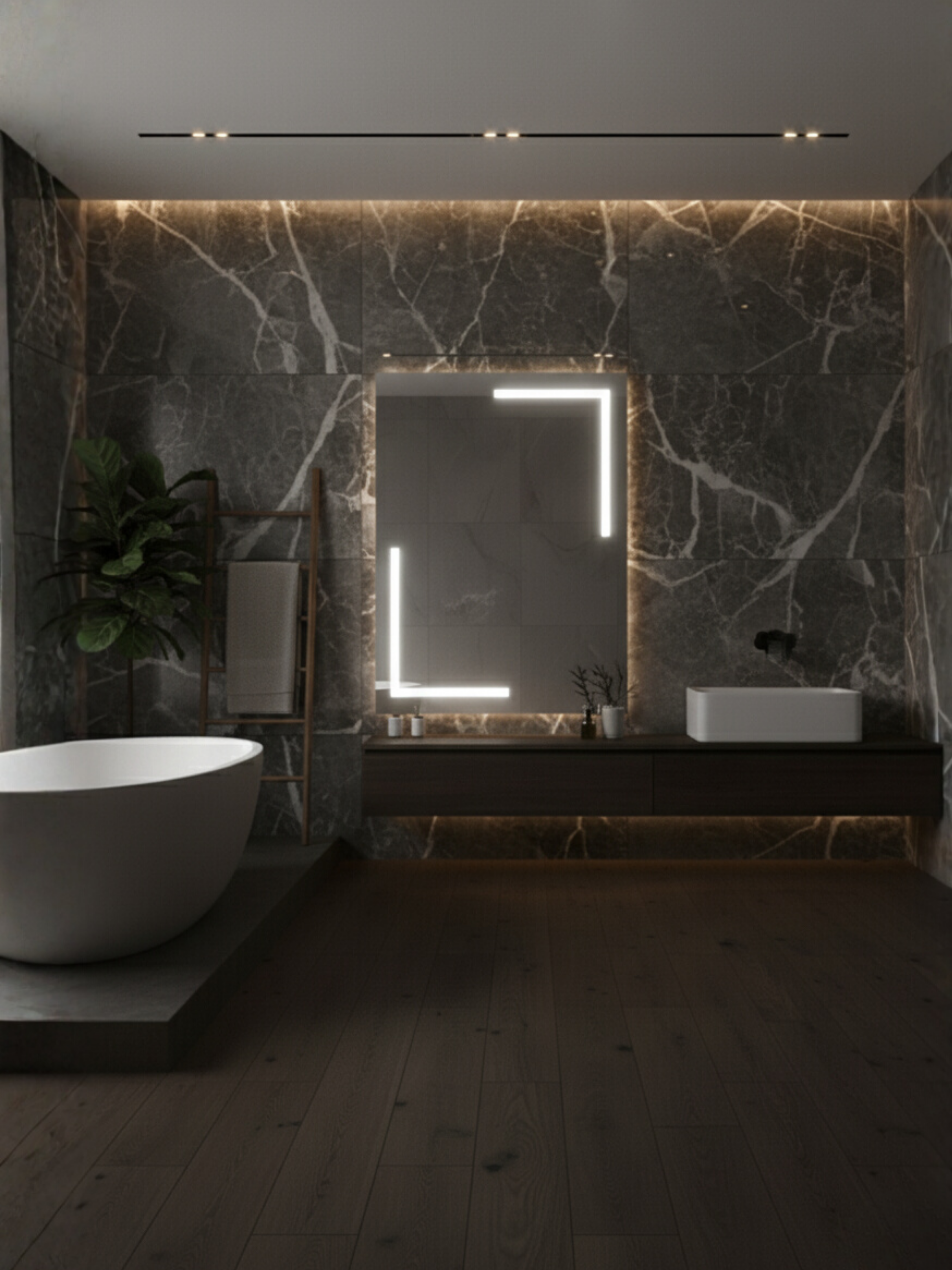 Via Lactea LED mirror technical specs - dimensions chart, electrical parameters, IP65 certification, 5-year warranty
